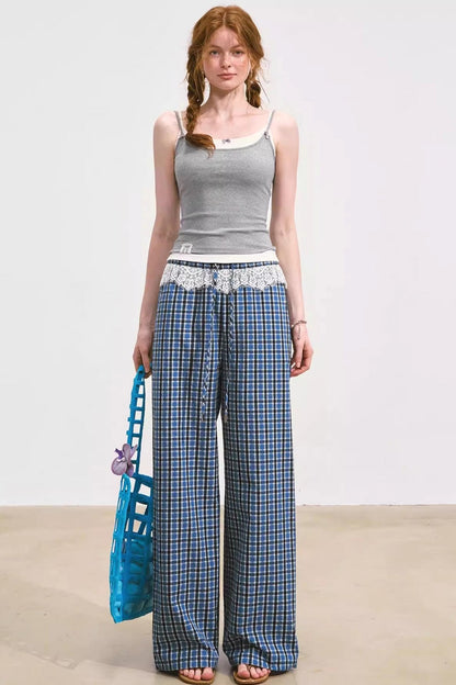 Blue Lace-Trimmed Plaid Wide-Leg Pants