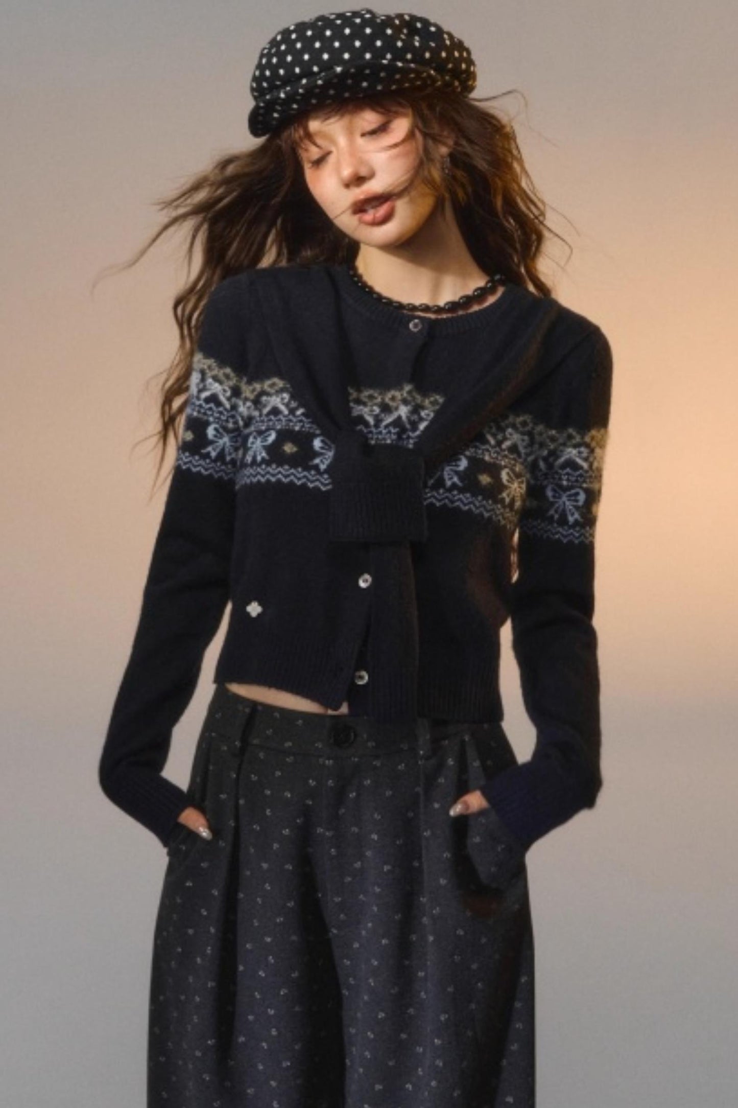 Fair Isle Bow Tie Fake Two-Piece Sweater