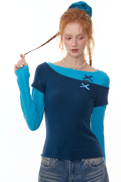 Retro Design Bow Top Long Sleeve T-Shirt
