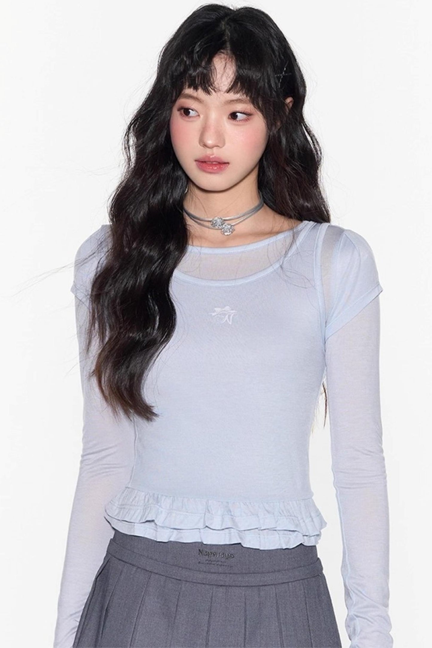 Ruffle Tencel Long-sleeved Top Set-Up