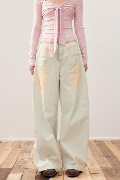 Vintage Washed Distressed Wide-Leg Jeans