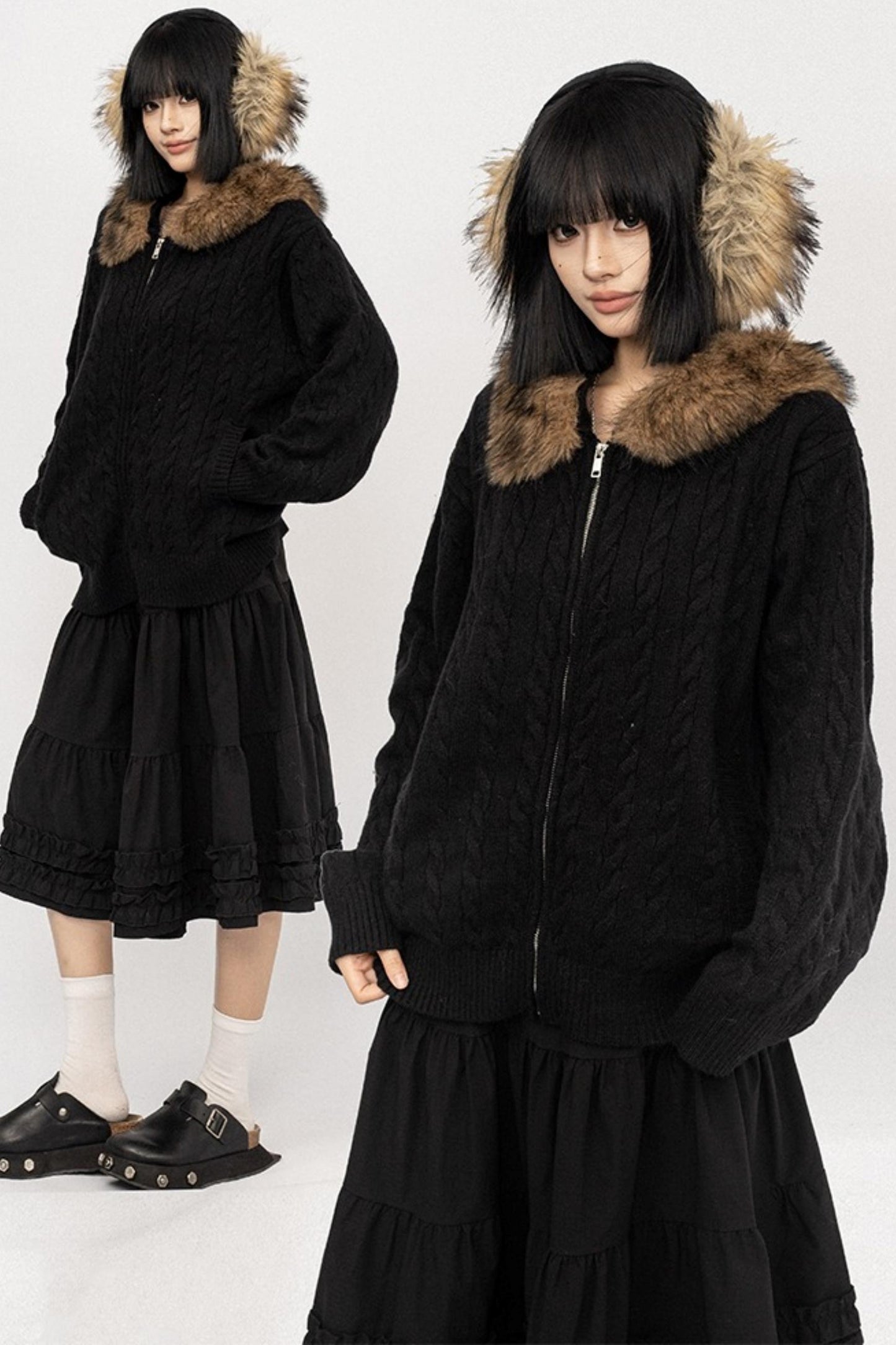 American Vintage Knitted Hooded Black Sweater Jacket