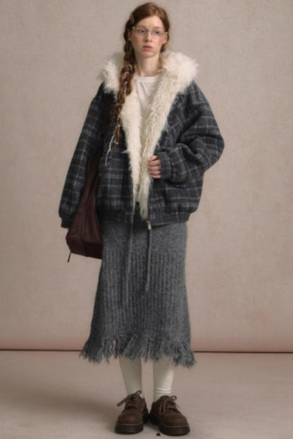 Elk Fur Collar Plaid Woolen Jacket