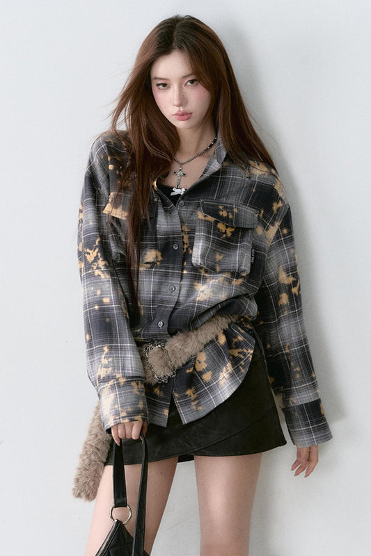 VIAPITTI Heavy Industries Washed Distressed Tie-Dye Rose Beaded Shirt Women's Autumn Loose Versatile Shirt Jacket