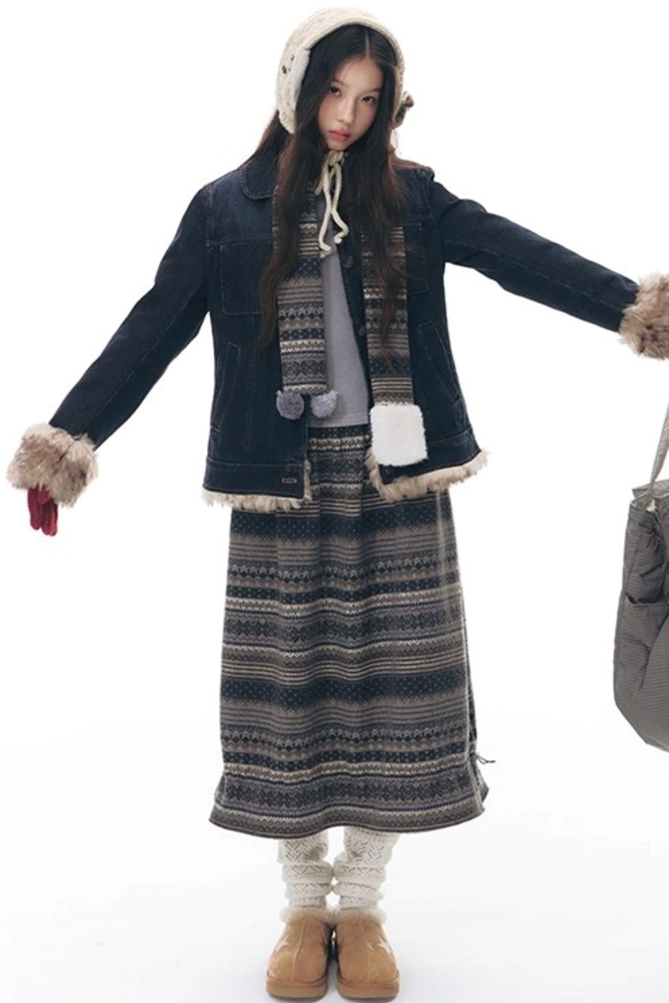 Detachable Fur Collar Denim Jacket Set-Up