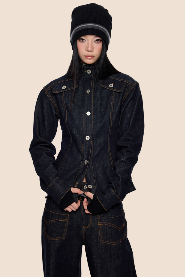 Wide-Shoulder Denim Jacket Set-Up