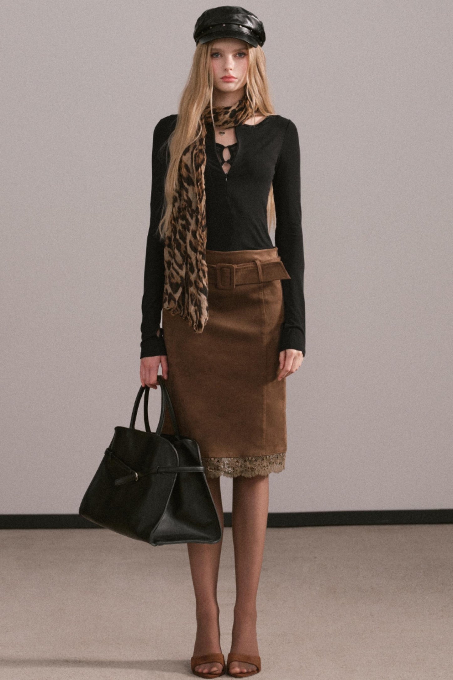 Retro Faux Suede Belted Skirt