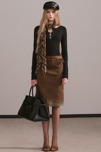 Retro Faux Suede Belted Skirt
