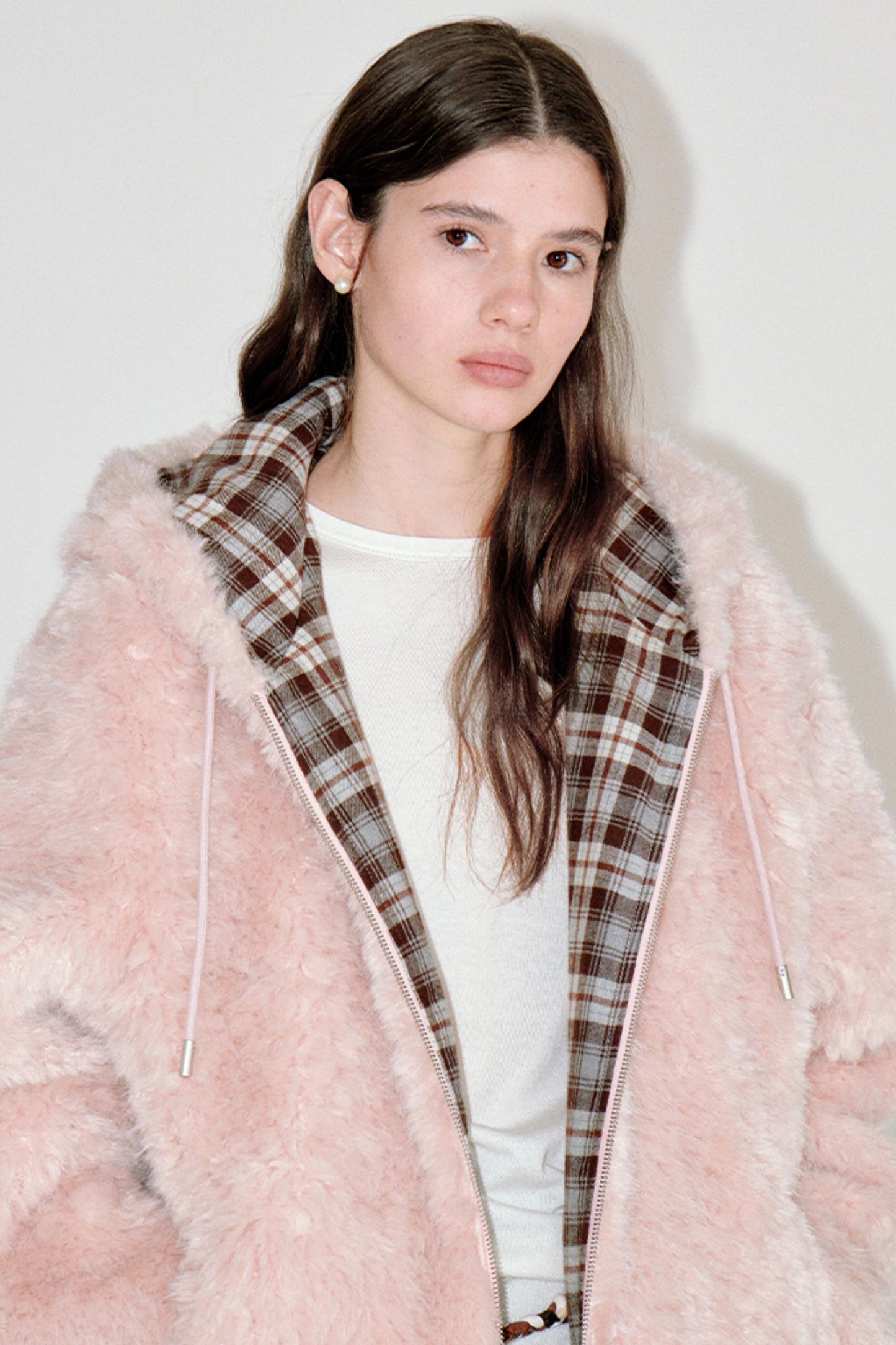 Pink Plaid Patchwork Hooded Coat