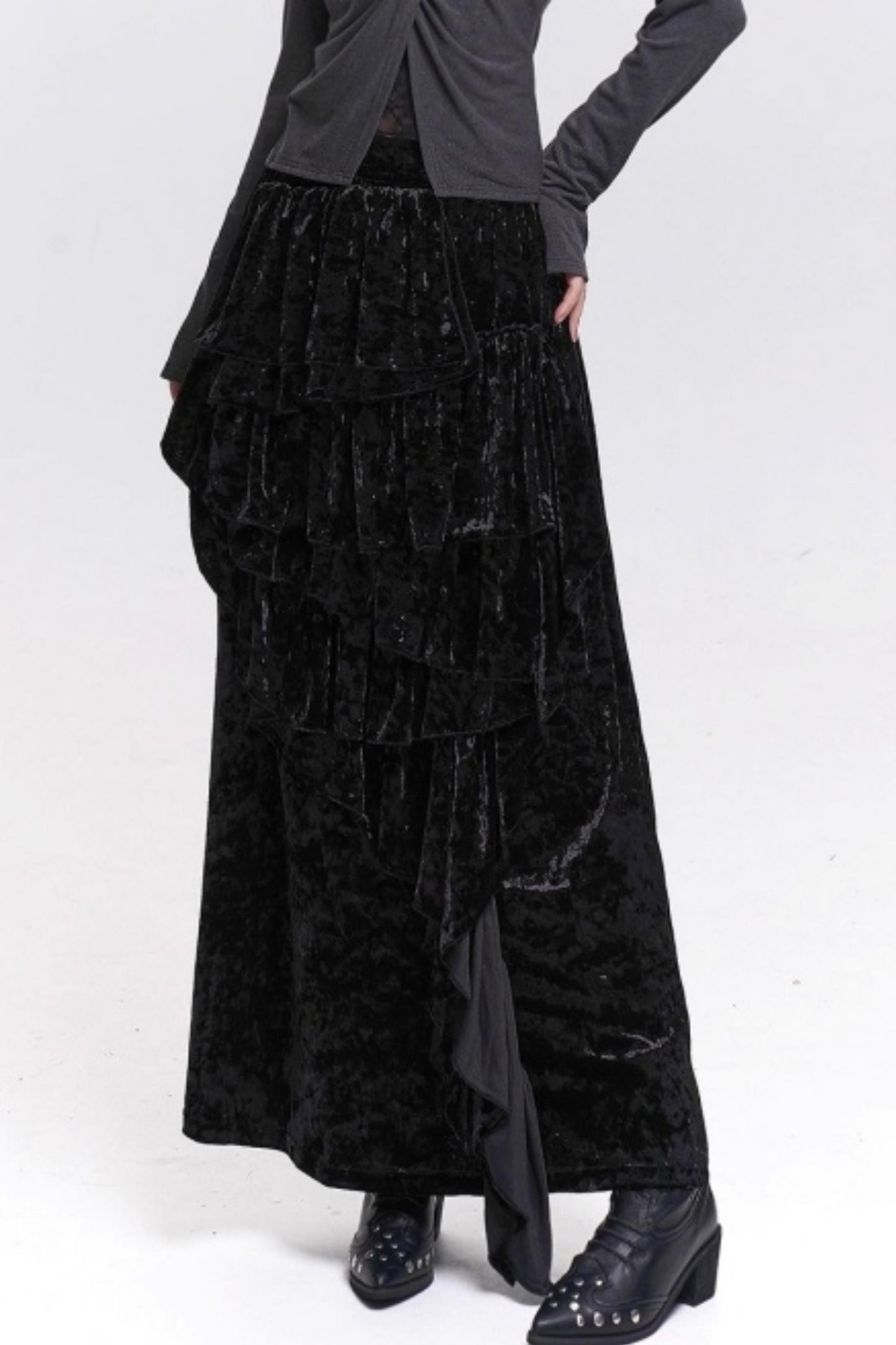 Velvet Irregular Hem Long Skirt