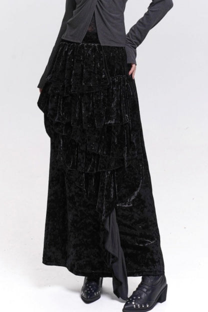 Velvet Irregular Hem Long Skirt