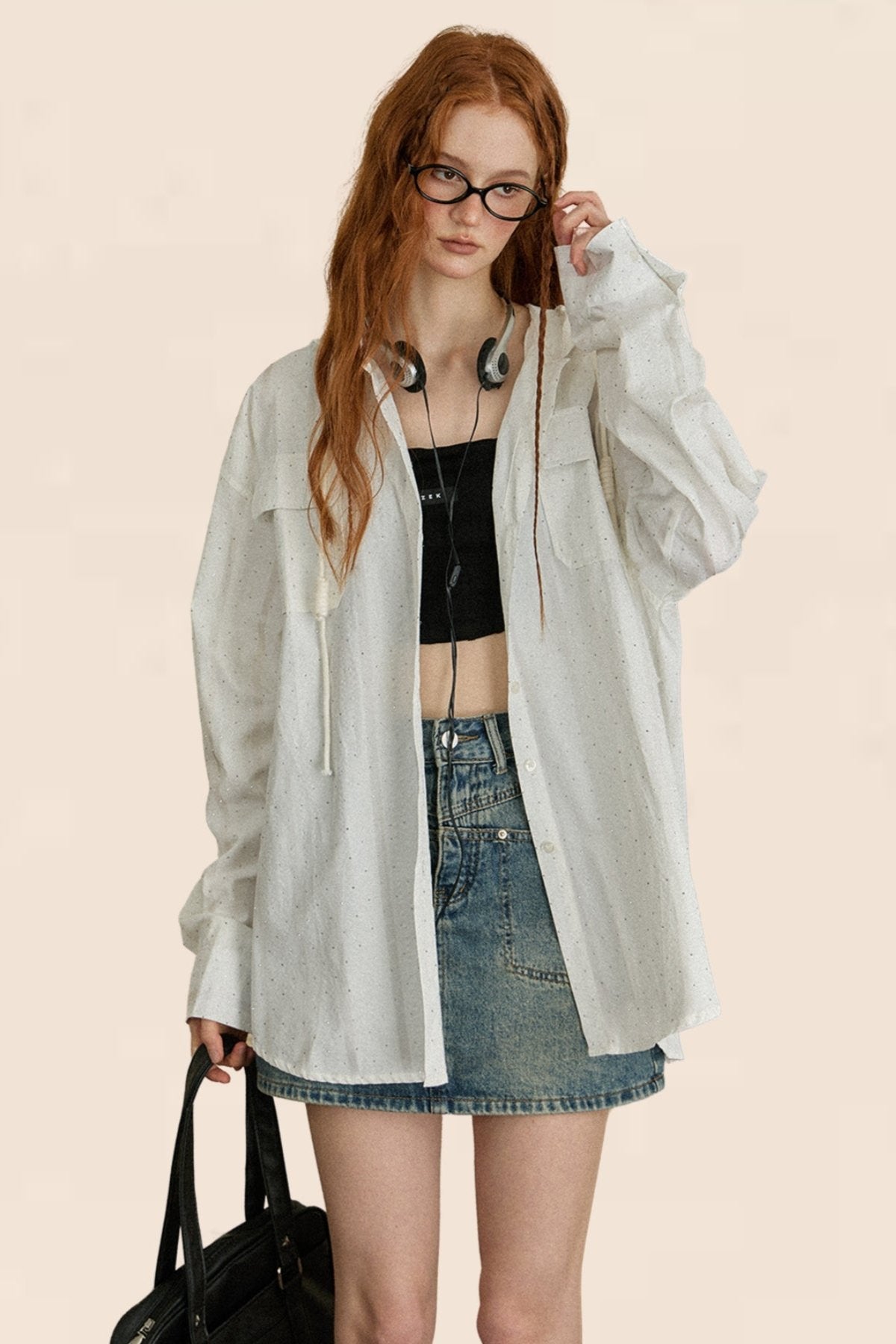 Vertical Stripe Loose Hooded Shirt