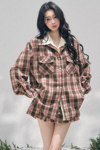 British Cafe Plaid Shirt and Short Skirt Set-Up