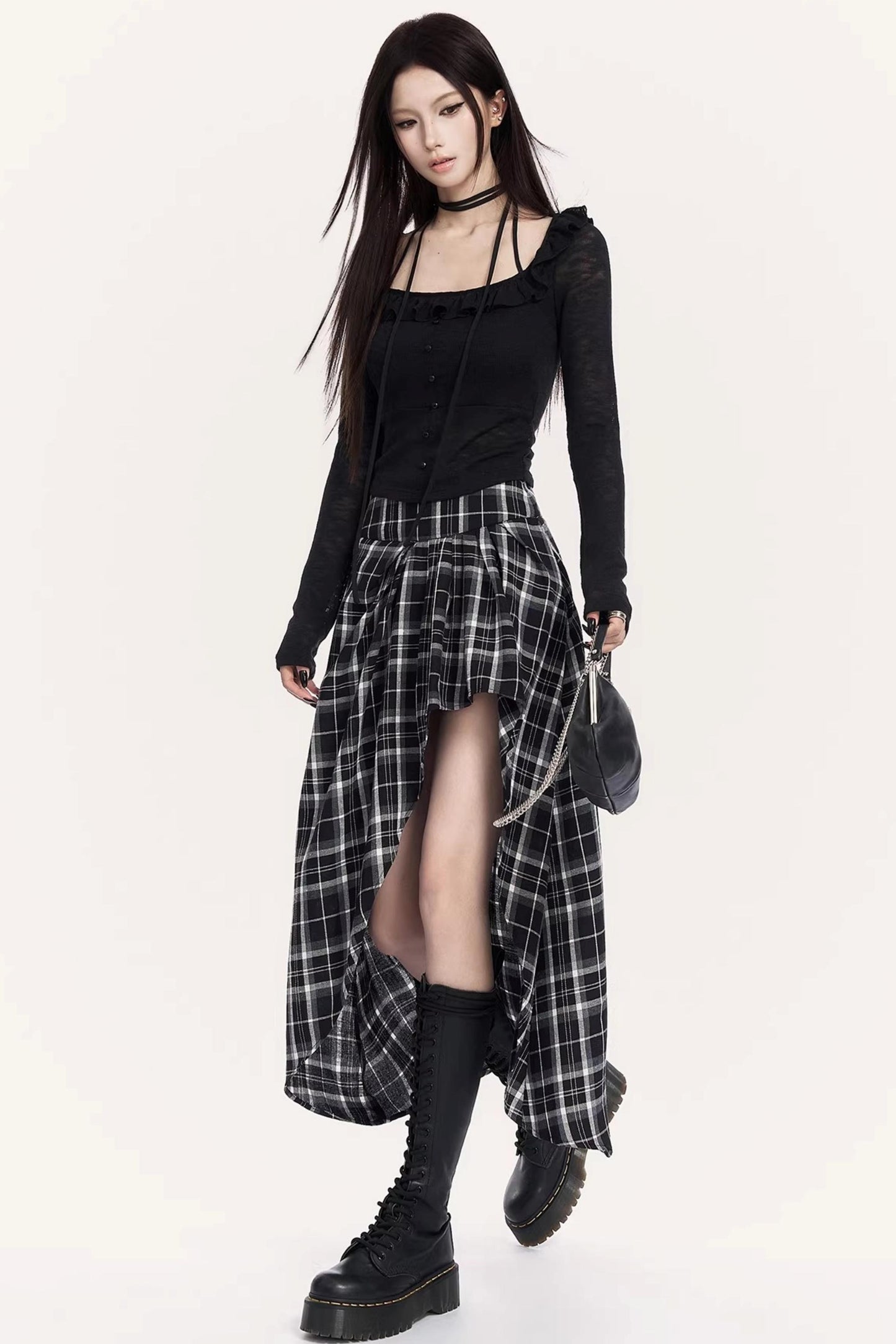 Irregular Plaid Long Skirt
