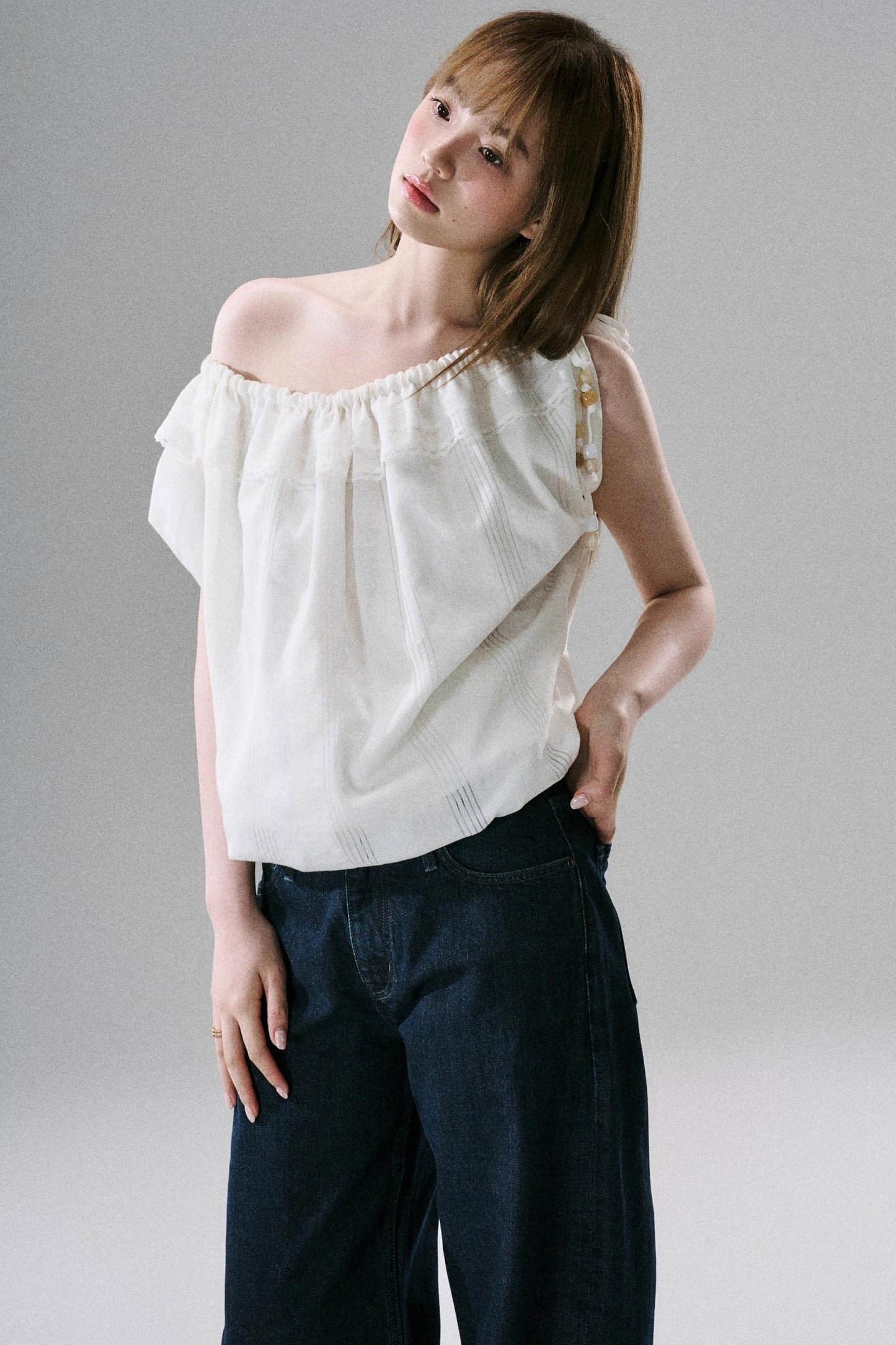 Beaded One-Shoulder Linen Top