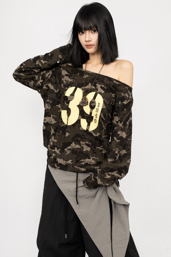 American Camo Print Off-the-Shoulder Top