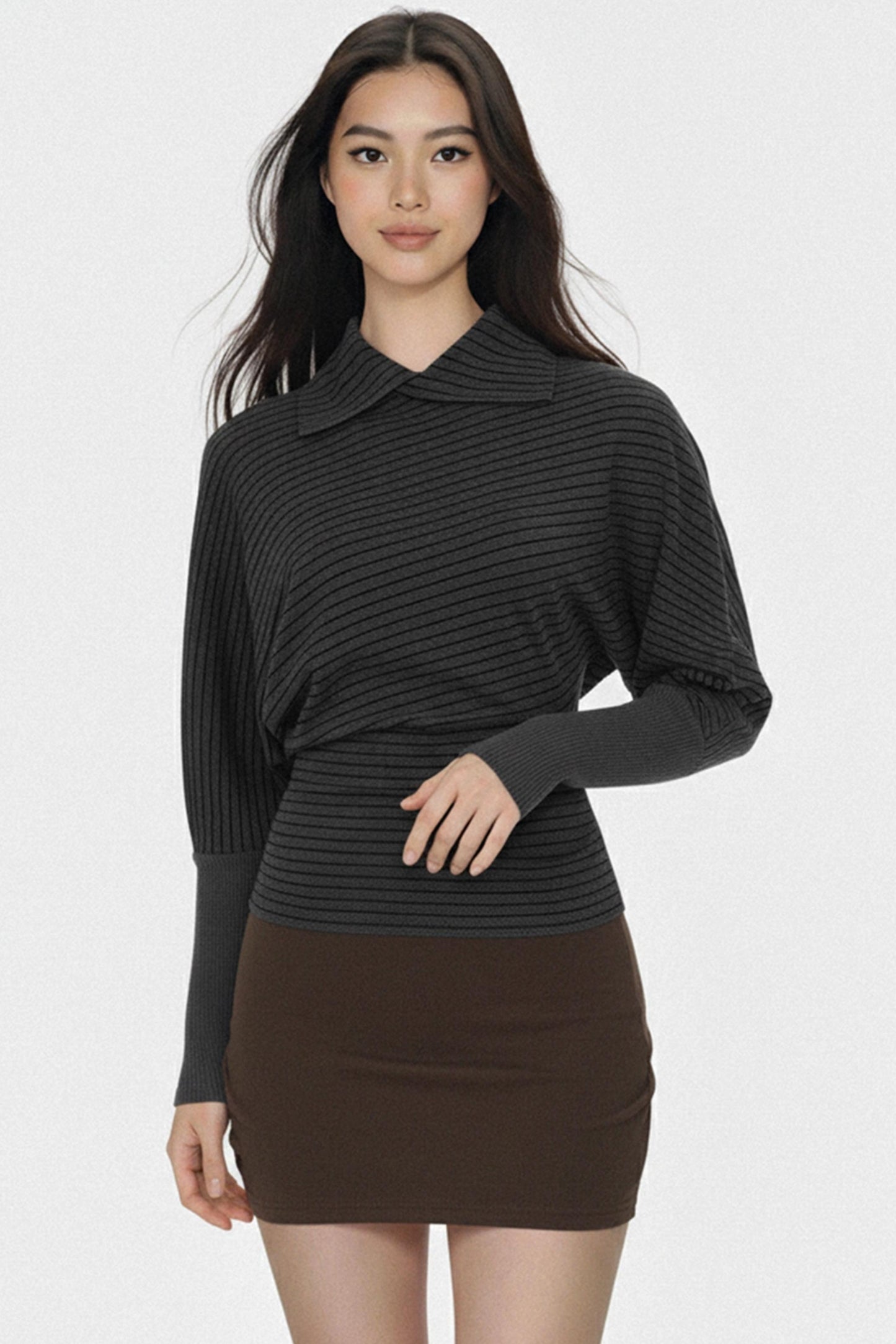Dark Gray Striped Pleated Top