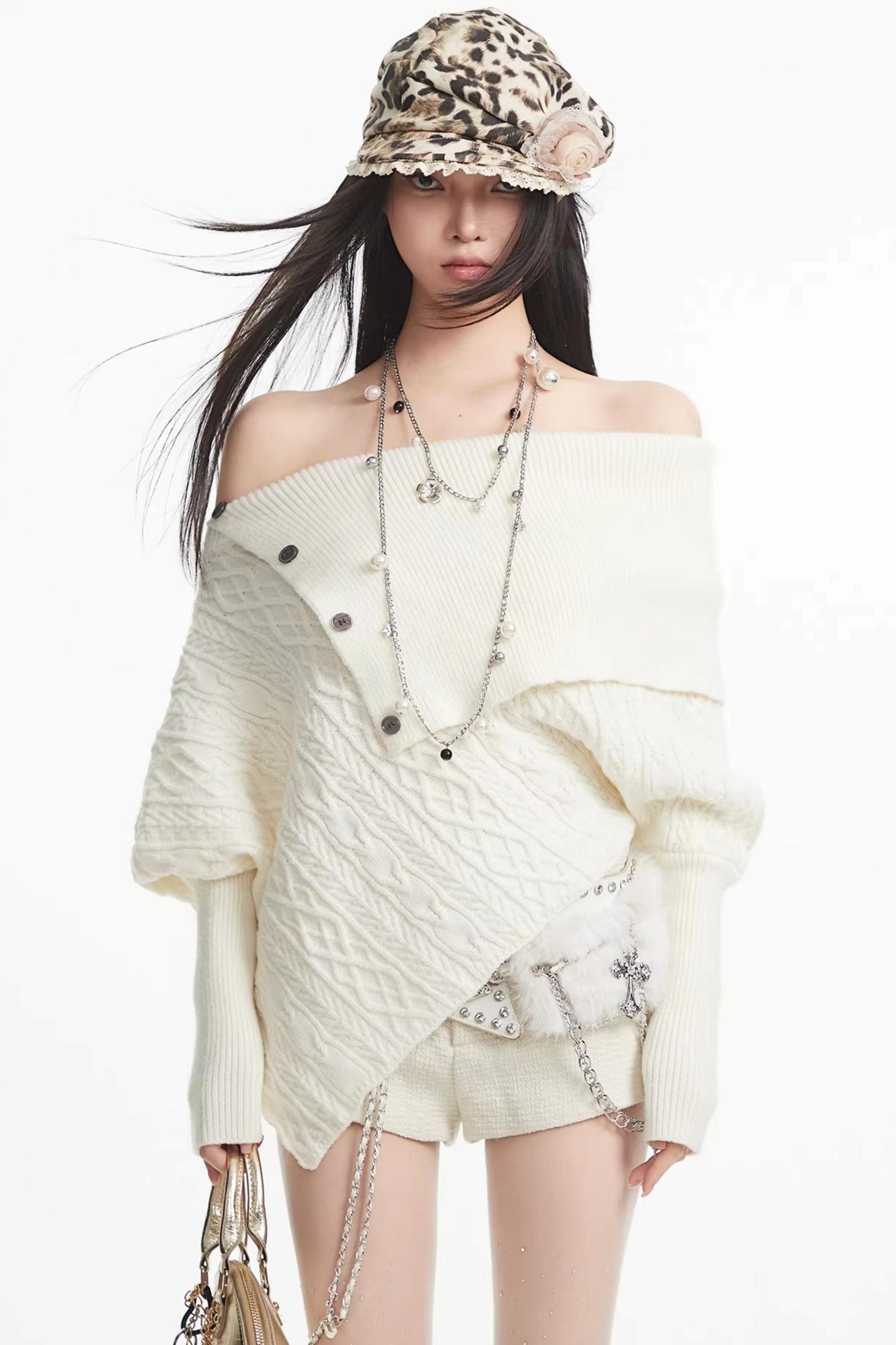 White One-Shoulder Knitted Sweater