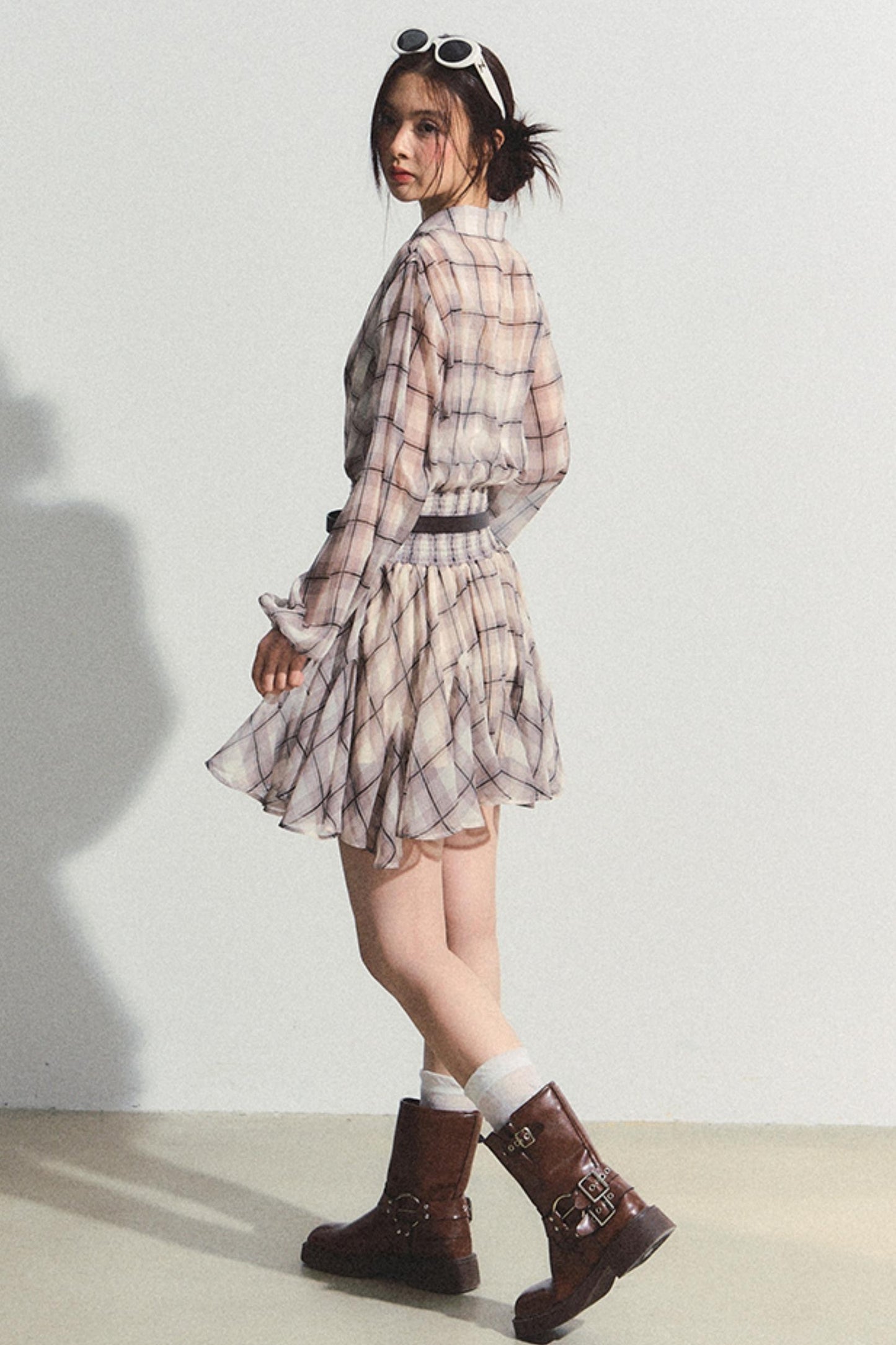 Recoin Sheer Plaid Ruffle A-Line Dress