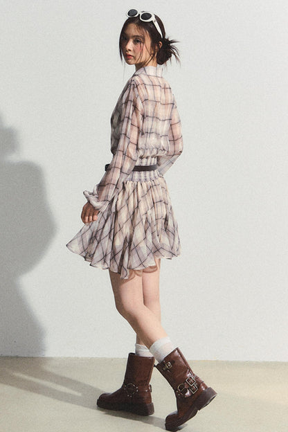 Recoin Sheer Plaid Ruffle A-Line Dress