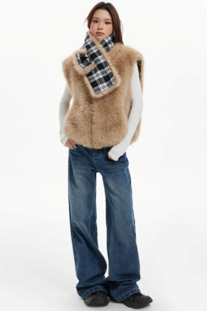 Plaid Lined Fur Vest Reversible Jacket