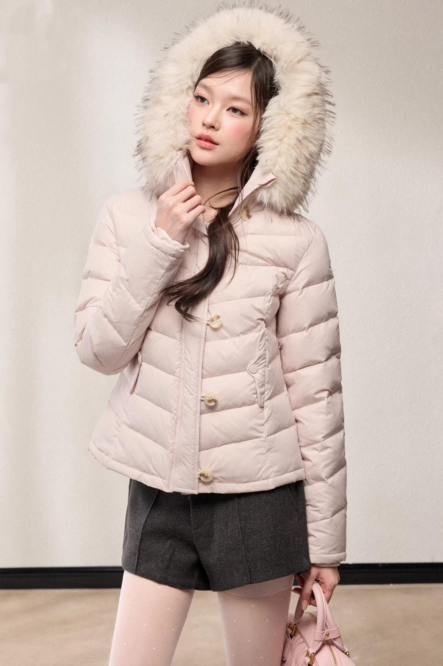 Fur Collar Hooded Slim Fit Jacket