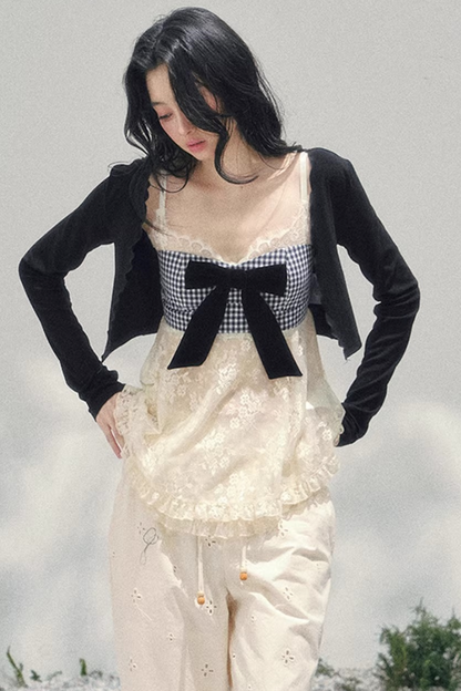 Bow Lace Plaid Top Set-Up
