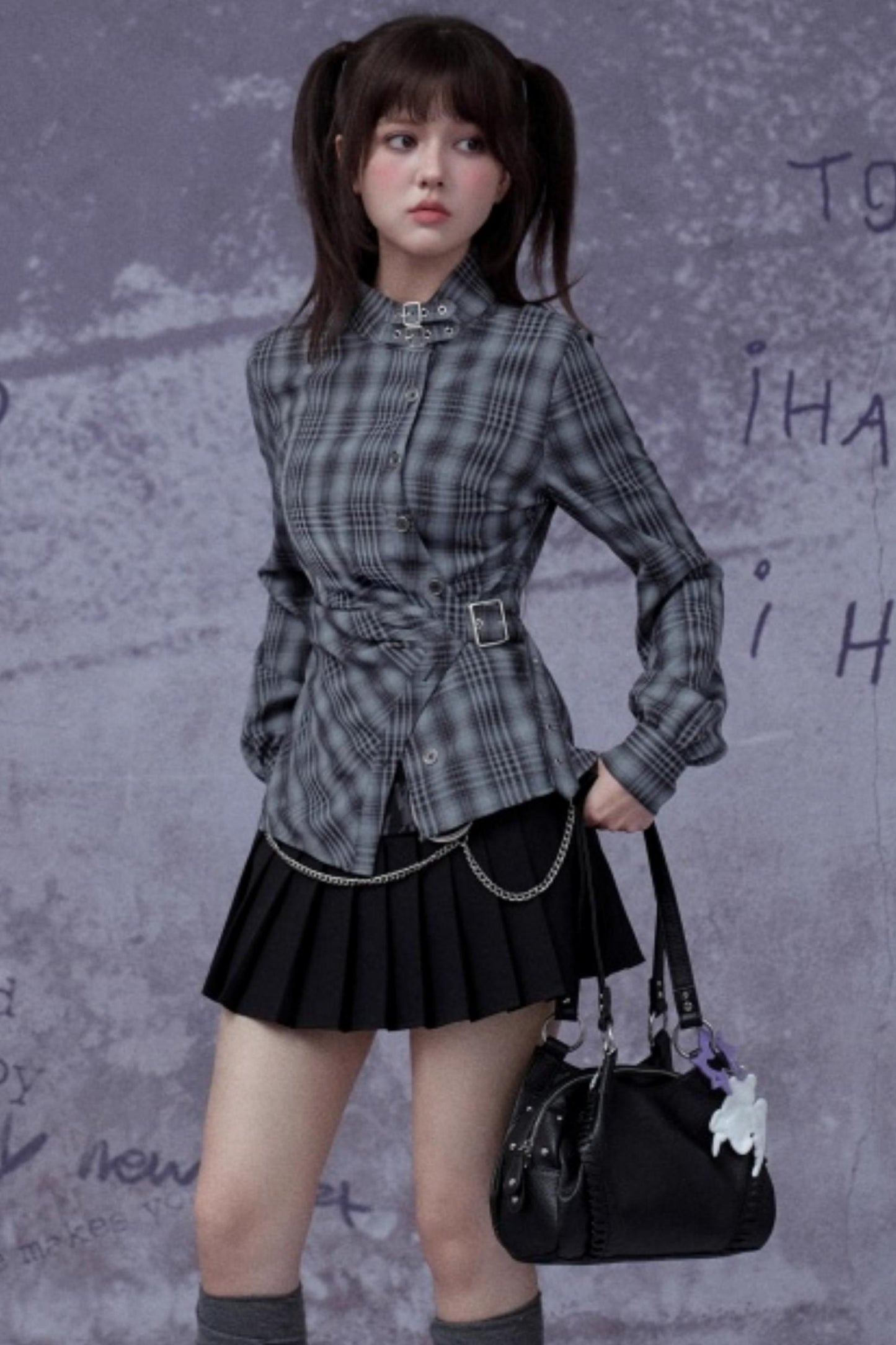 Gray-Blue Irregular Placket Plaid Shirt