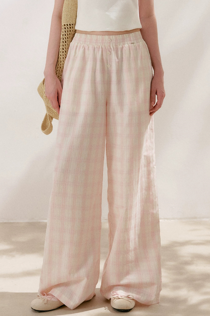 Linen Plaid Wide-Leg Pants