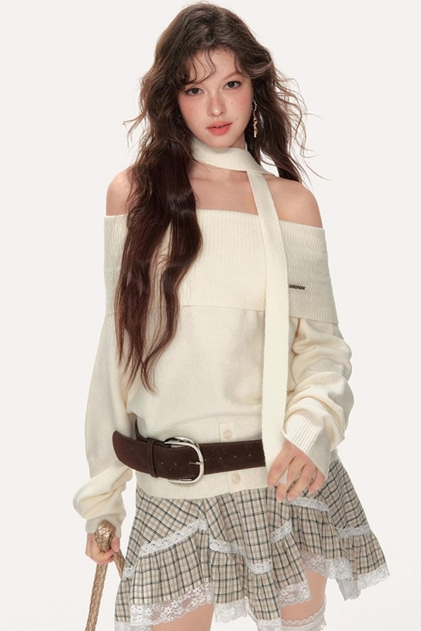 French Sweet One-Shoulder Halterneck Sweater