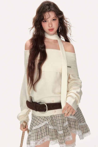 French Sweet One-Shoulder Halterneck Sweater