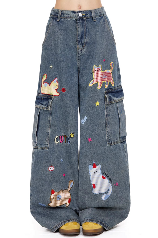 Cartoon Embroidered Denim Pants