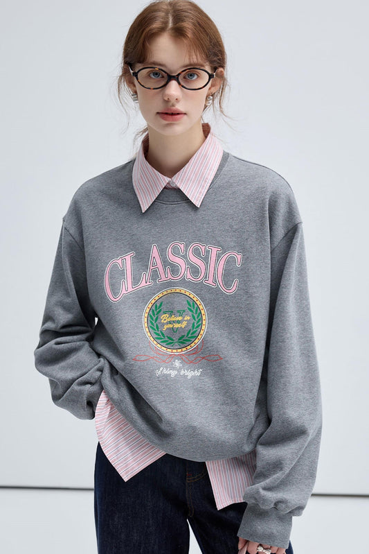 VEGA CHANG Sweatshirt Frauen Herbst 2024 neue Pendler vielseitig Retro Preppy Print Rundhalsausschnitt Top