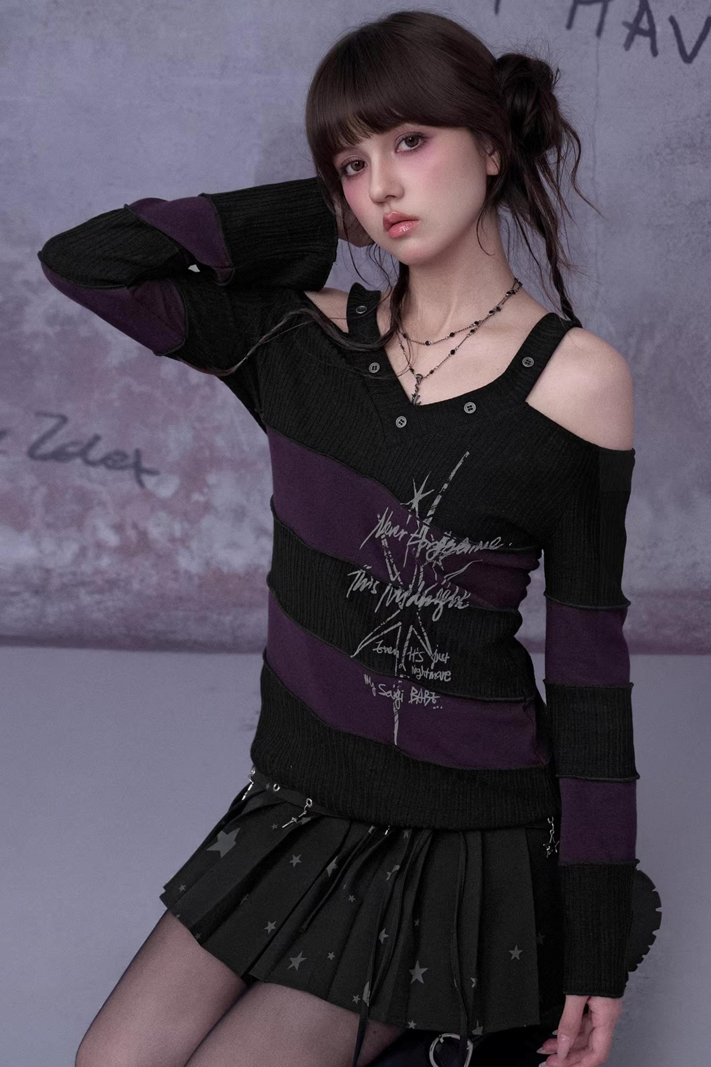 Black and Purple Off-Shoulder Knit Top