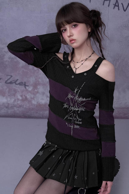 Black and Purple Off-Shoulder Knit Top