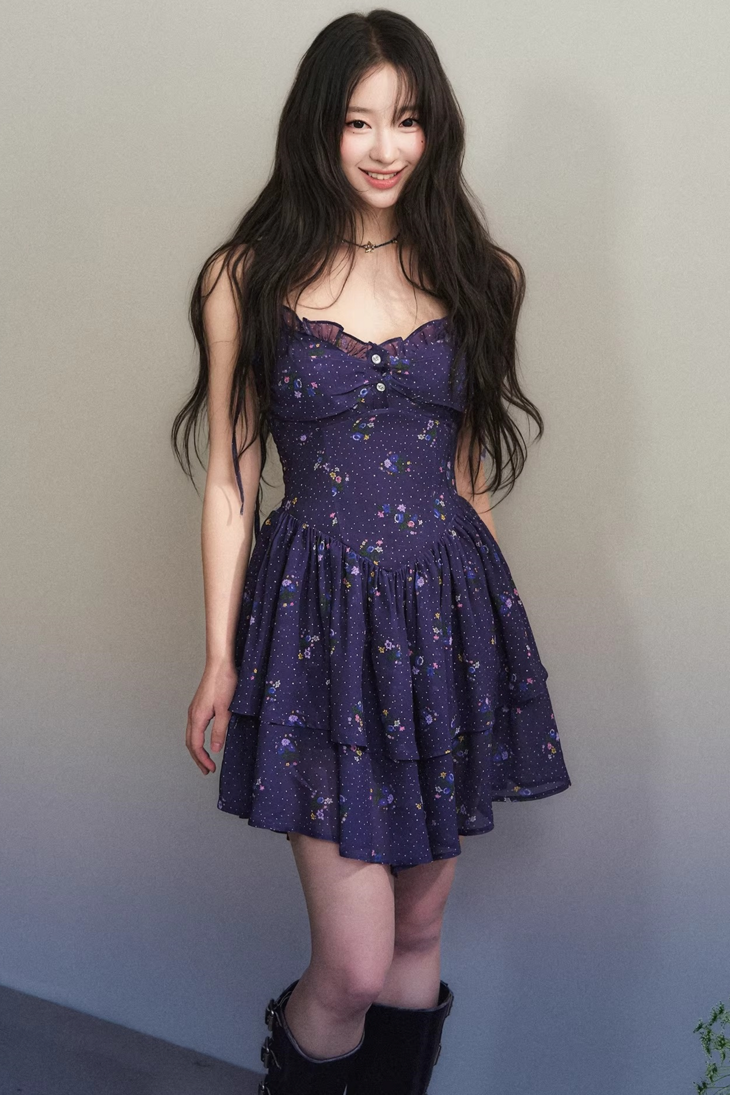 Dark Purple Chiffon Floral Dress