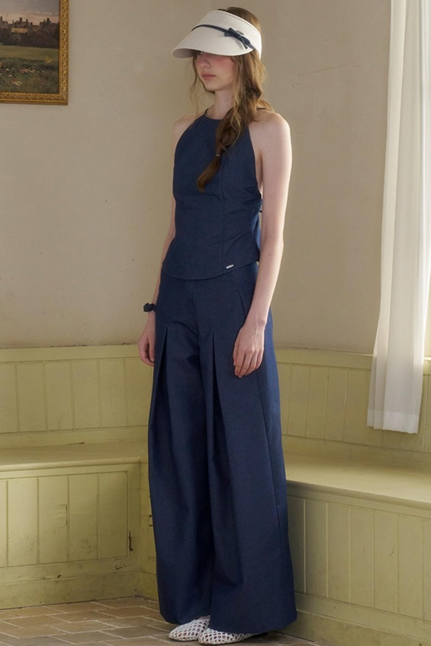 Cow Blue Pleated Denim Wide-Leg Pants Set-Up