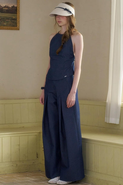 Cow Blue Pleated Denim Wide-Leg Pants Set-Up