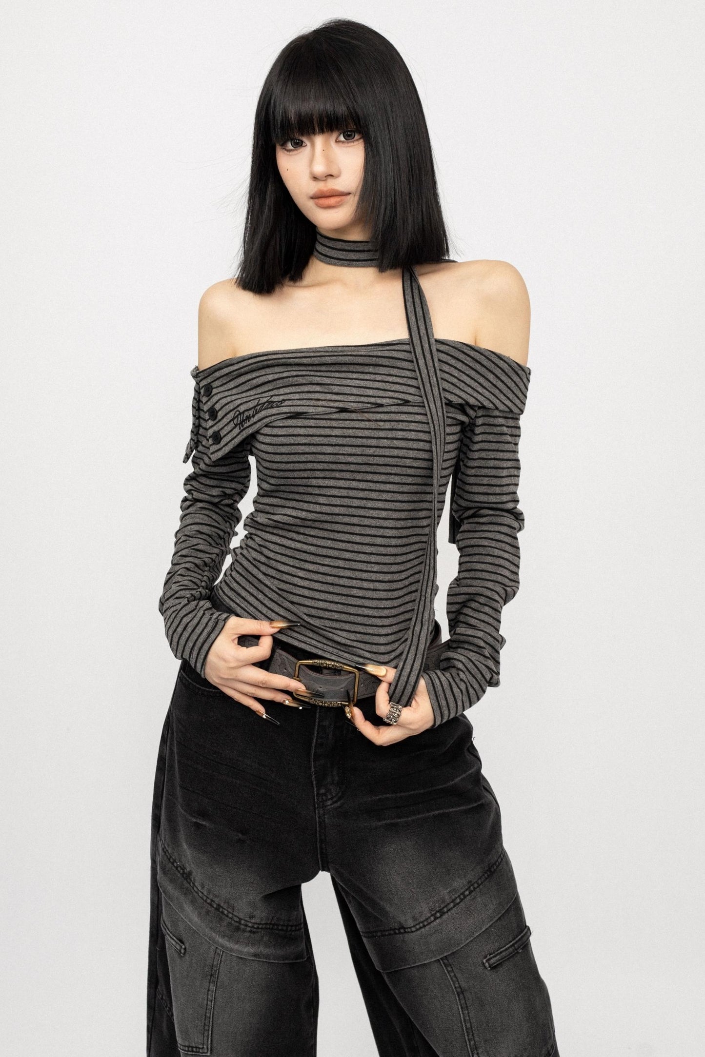 American Spice Girl Striped One-Shoulder Top