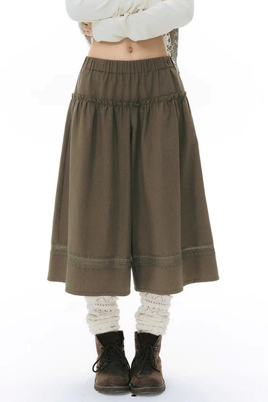 Elastic Waist Patchwork Wide-Leg Skirt Pants