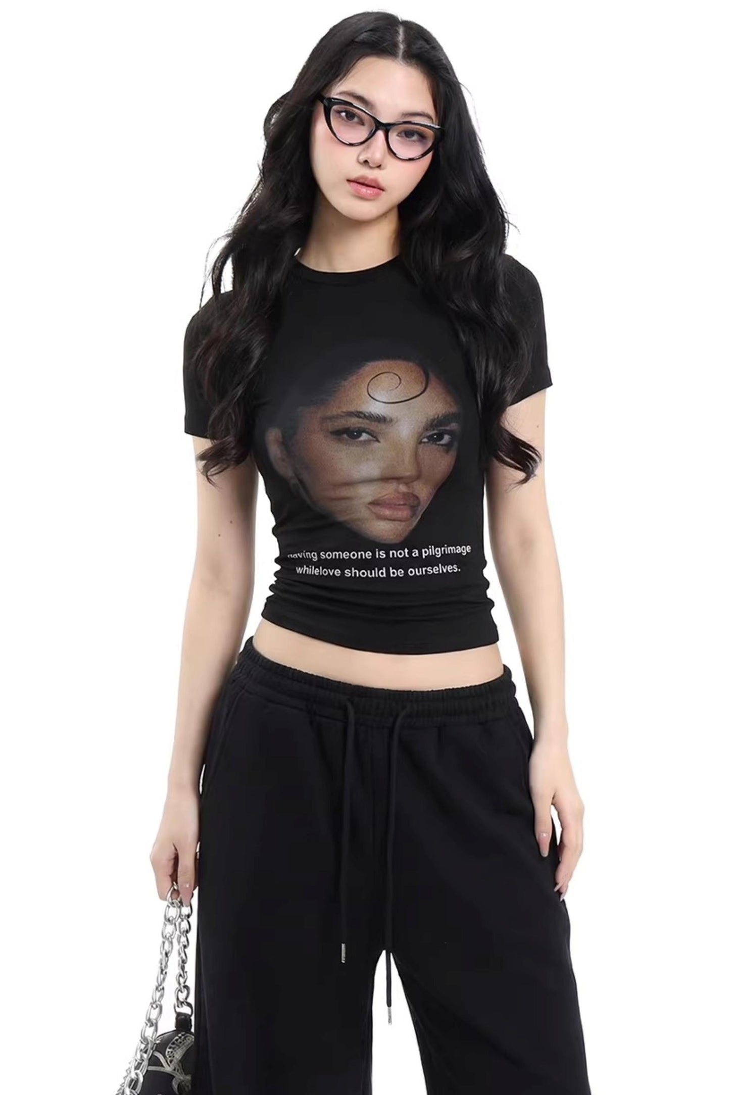 Retro Black Slim-Fitting Printed Top
