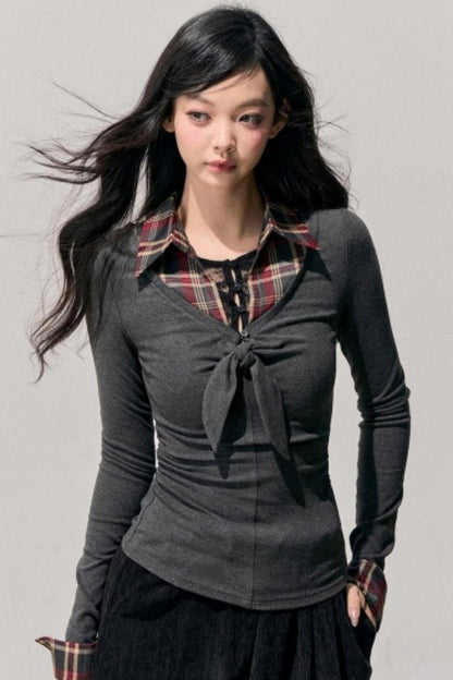 Knitted Plaid Slimming Top
