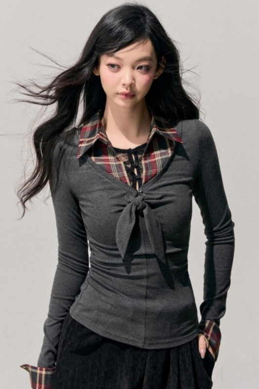 Knitted Plaid Slimming Top