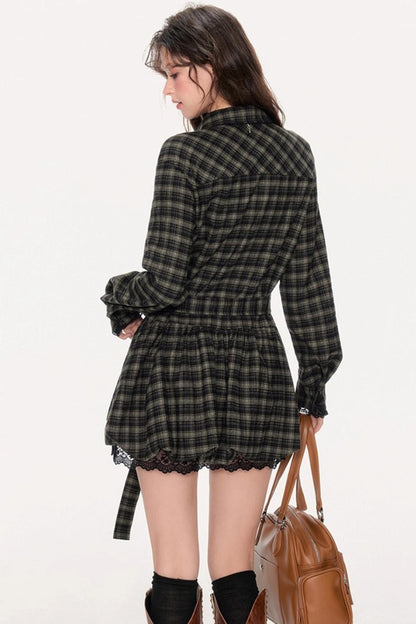 Retro Plaid Long-Sleeved Ballet Dress
