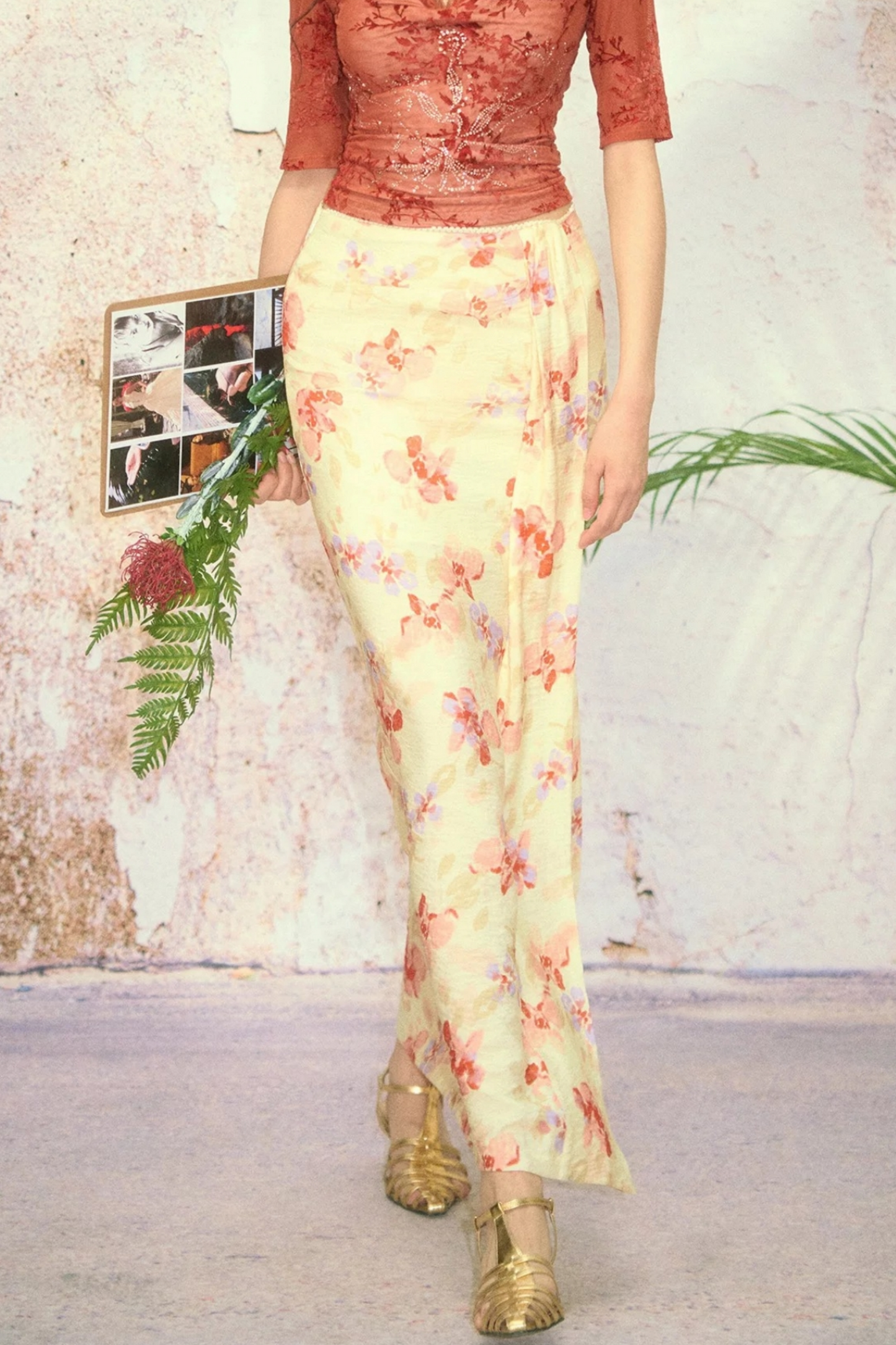 Floral Front Slit Straight Long Skirt