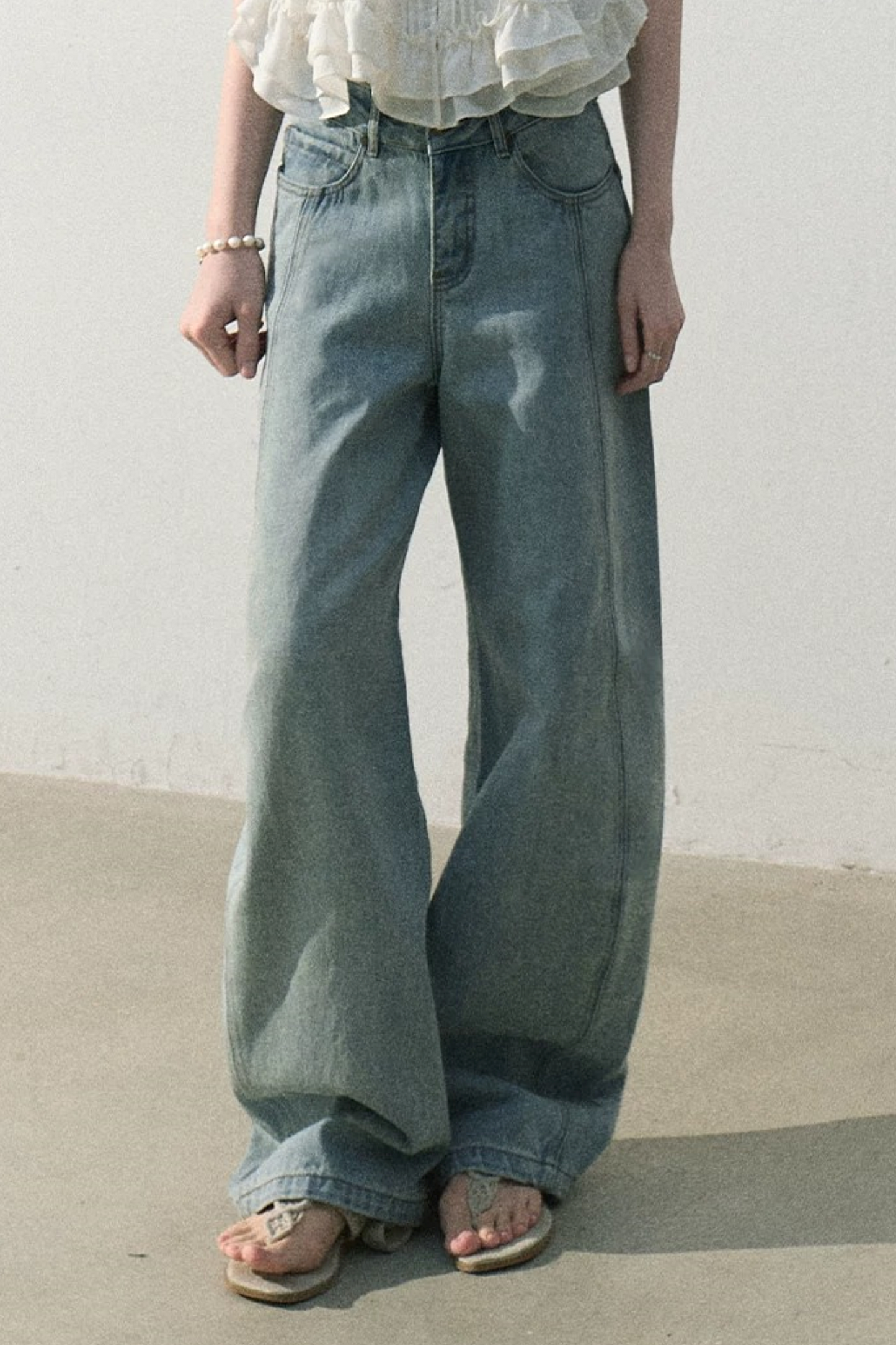 Pantaloni vintage in cotone effetto consumato a gamba larga