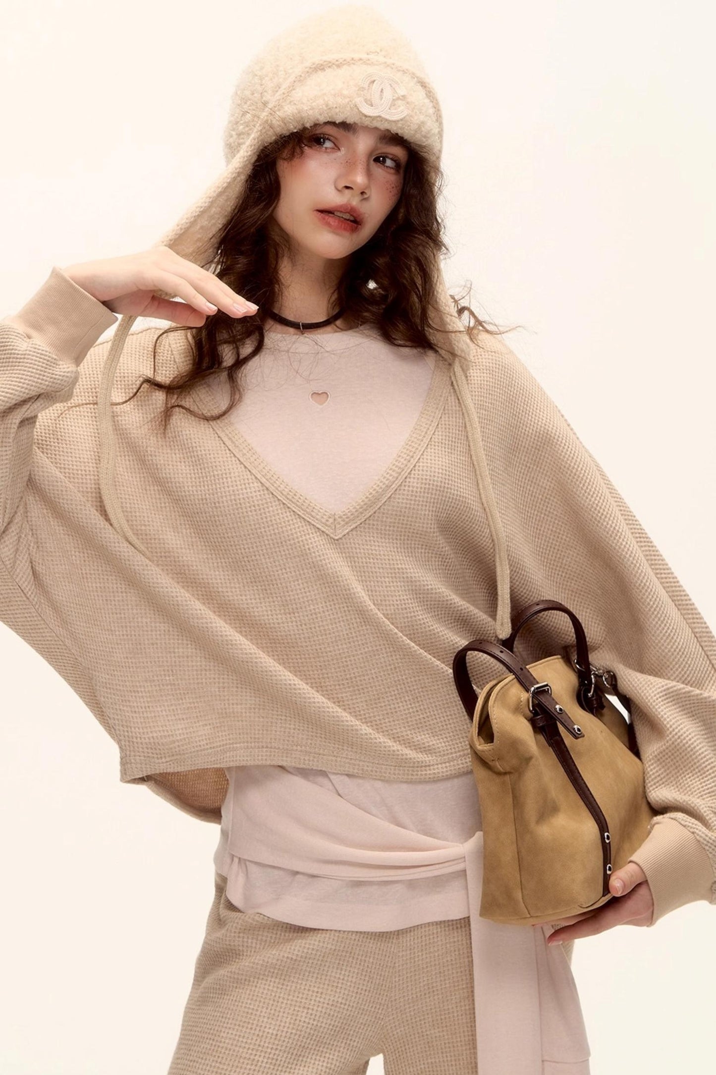 Waffle Knit V-Neck Sweater Set-Up