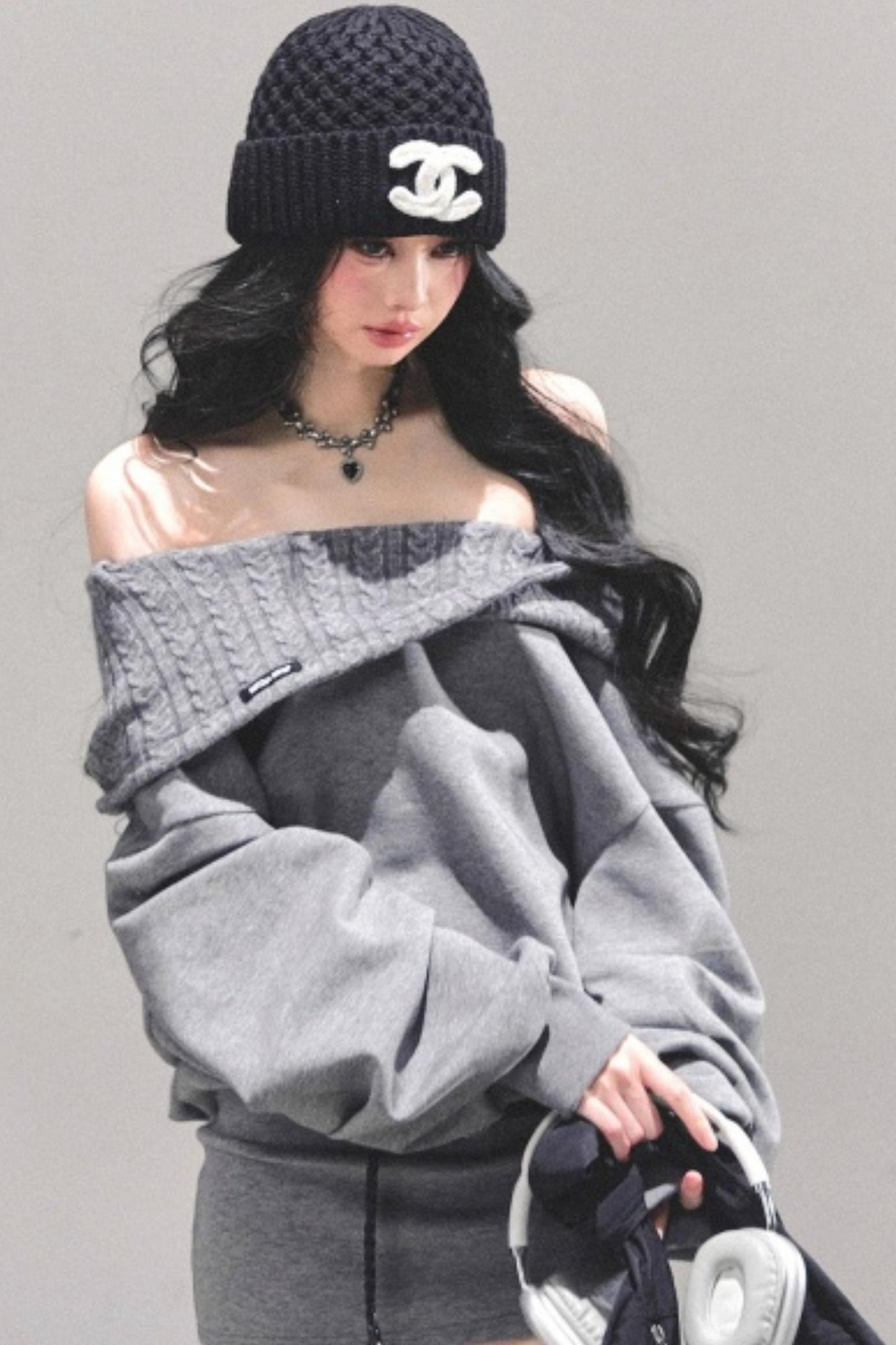 One Shoulder Grayscale Sweatshirt Dress