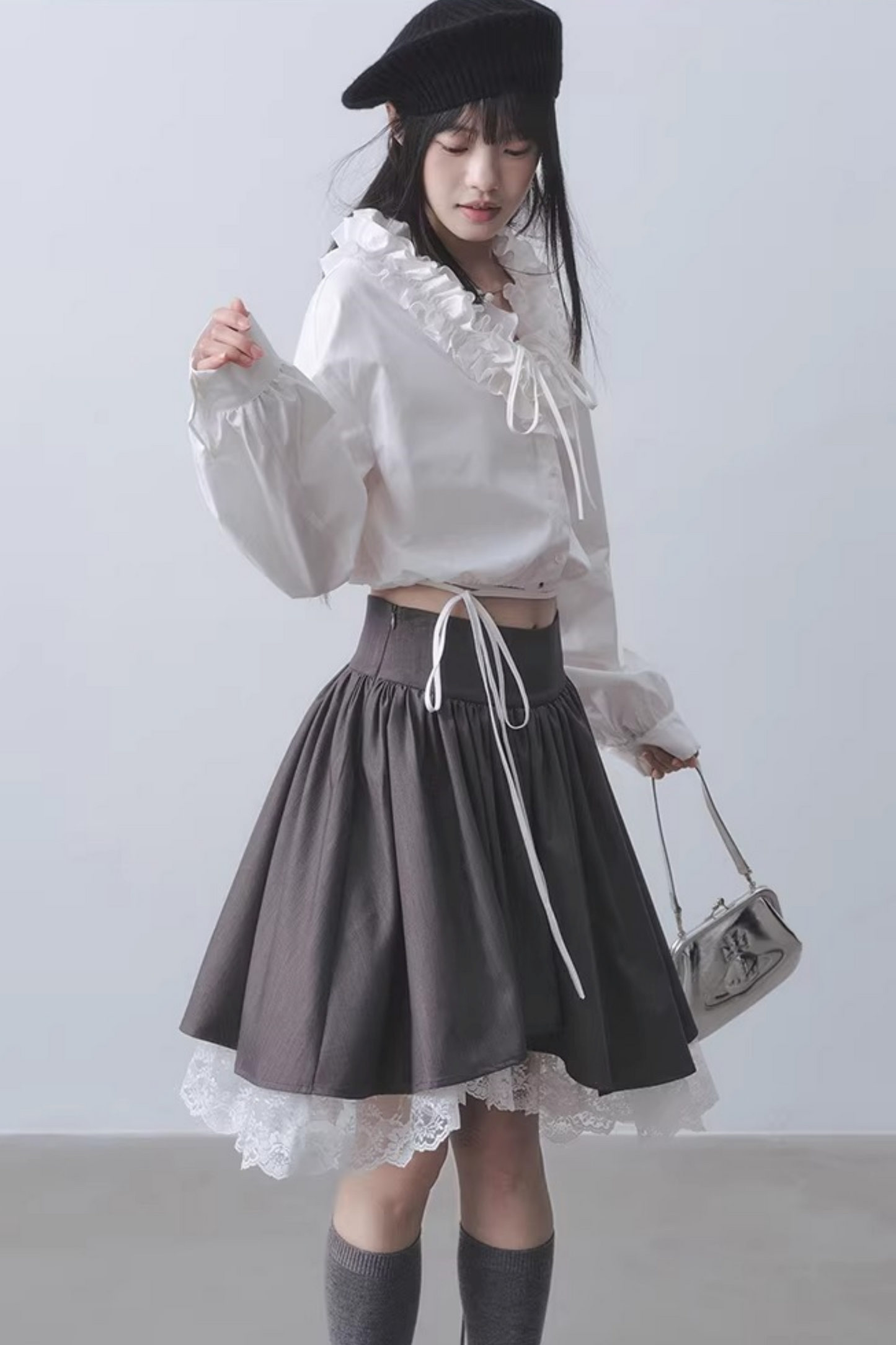 Gray Lace Asymmetrical Skirt
