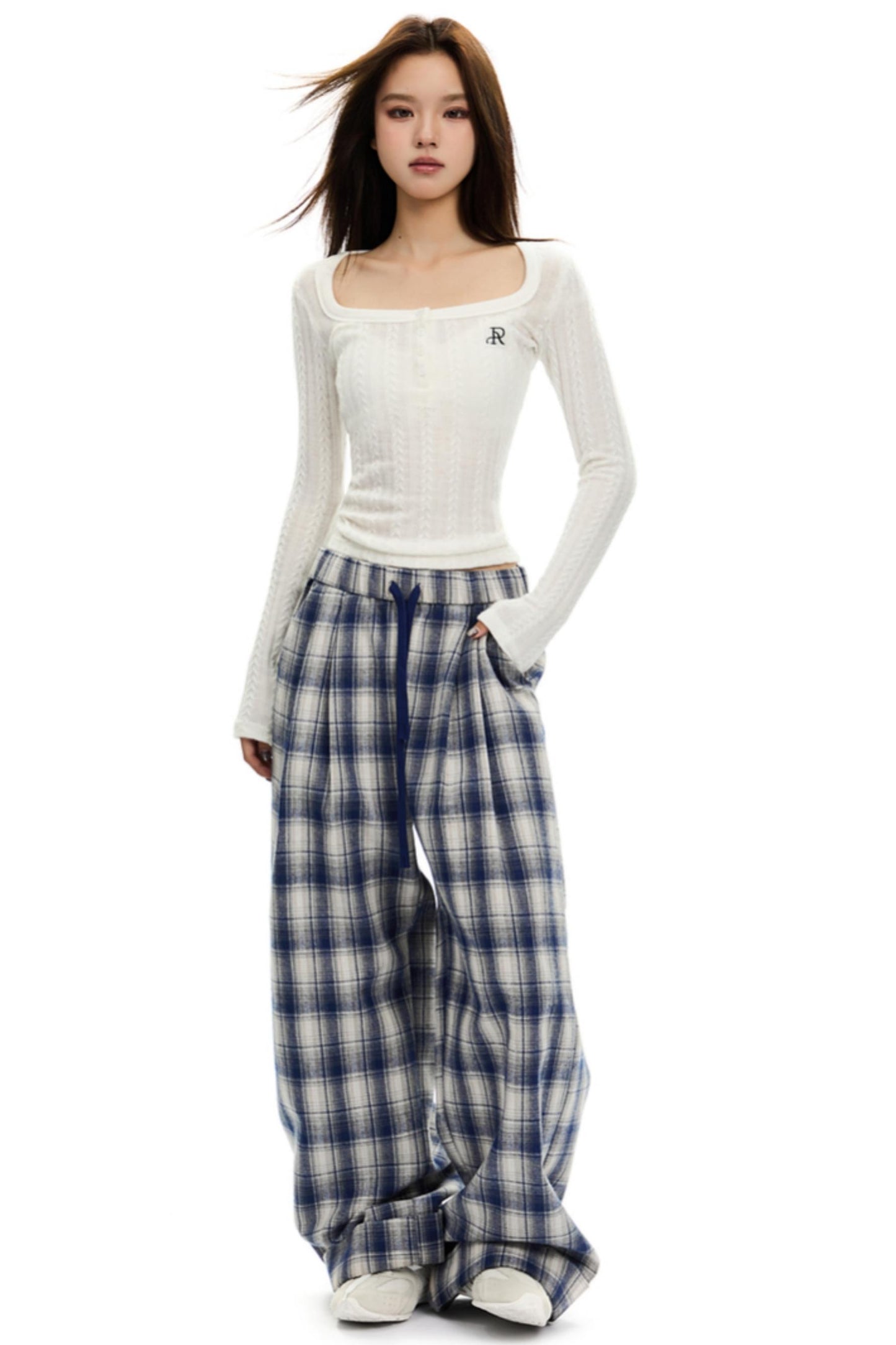 Brushed Plaid Elasticated Waist Pants